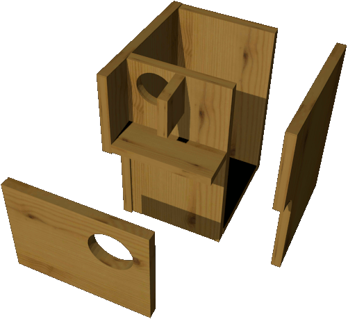 éclaté du nichoir à chicane pour chouette de Tengmalm